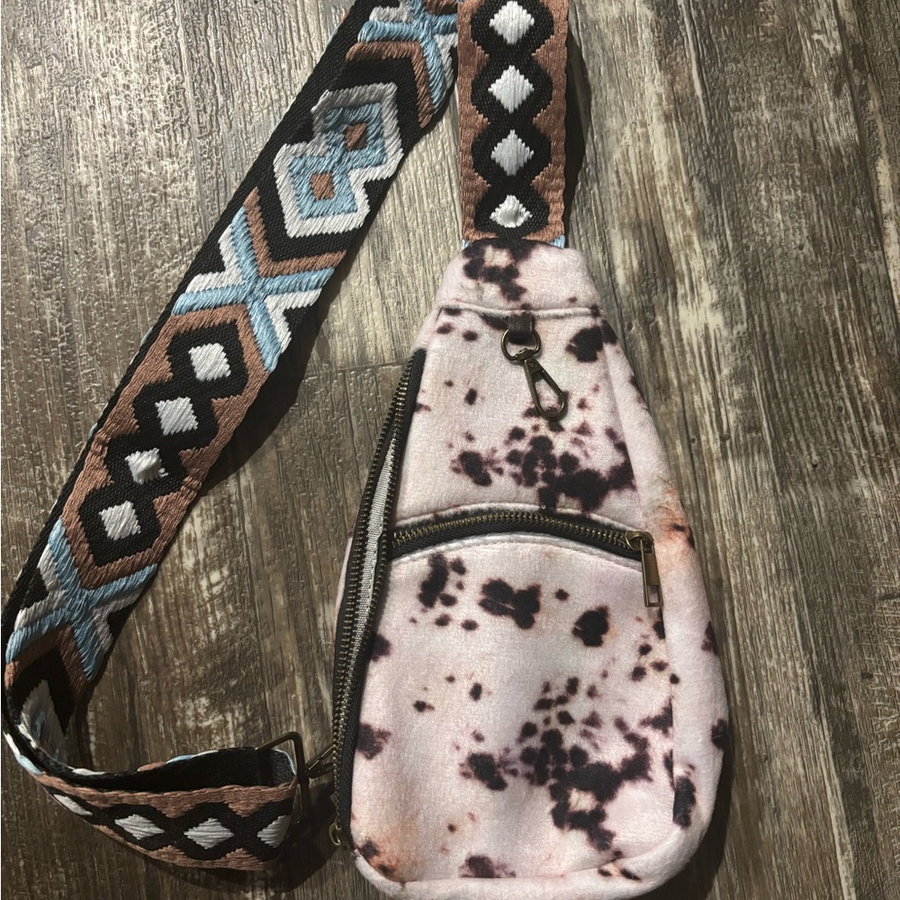 Faux Cowhide Crossbody Bag with Patterned Strap